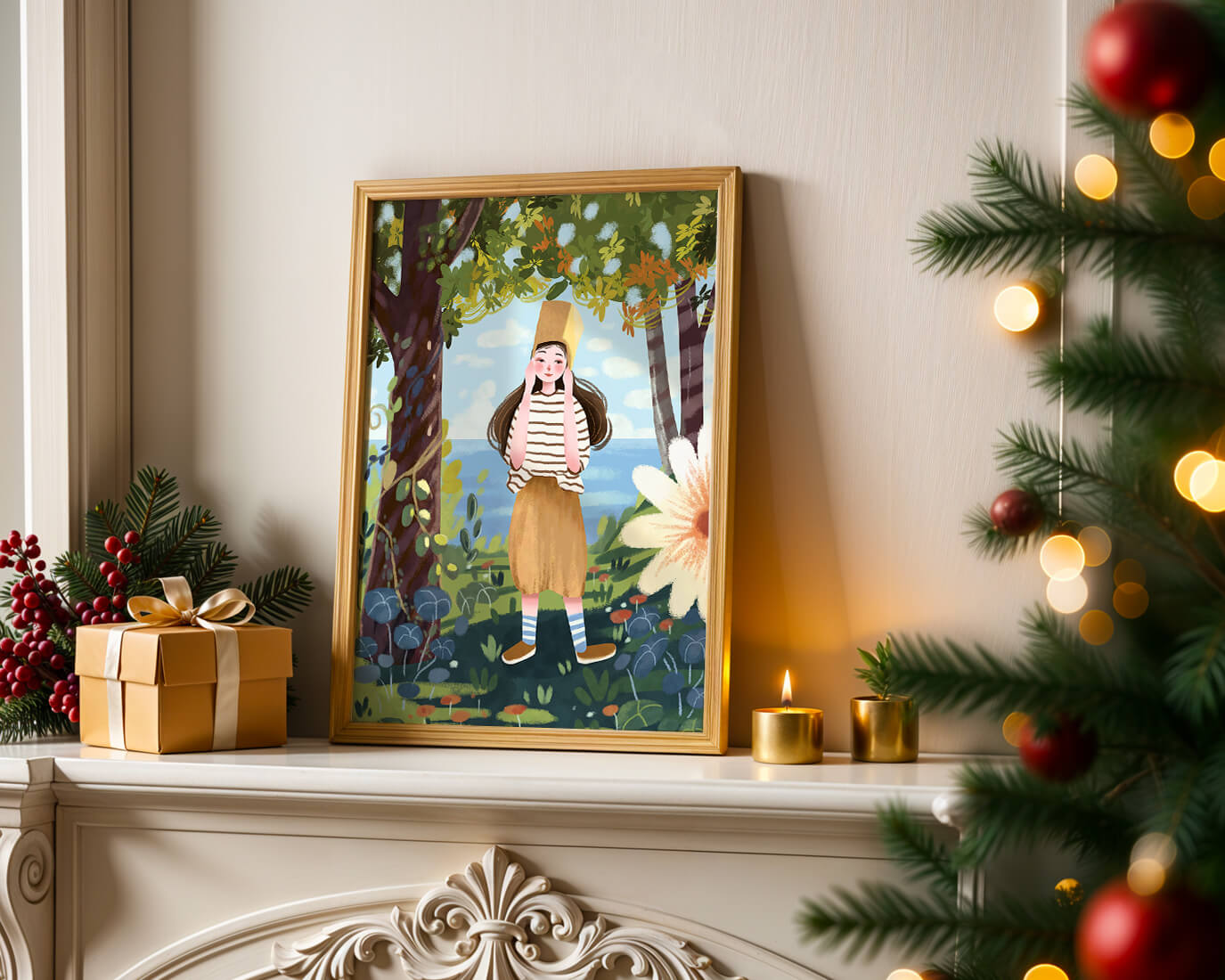 Whimsical Illustration of a Girl in Nature with Golden Hat