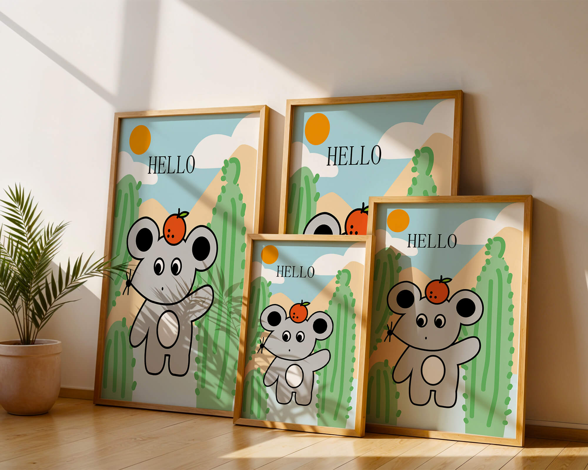 Cute illustration of a mouse with an orange on a sunny background