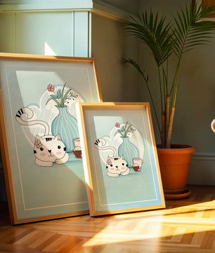Cute Cat with Flowers, Cup, and Vase on Blue Background - Mi tienda