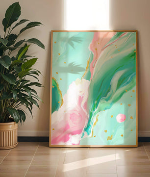 Obra de arte abstracta en pasteles y dorado con patrones fluidos
