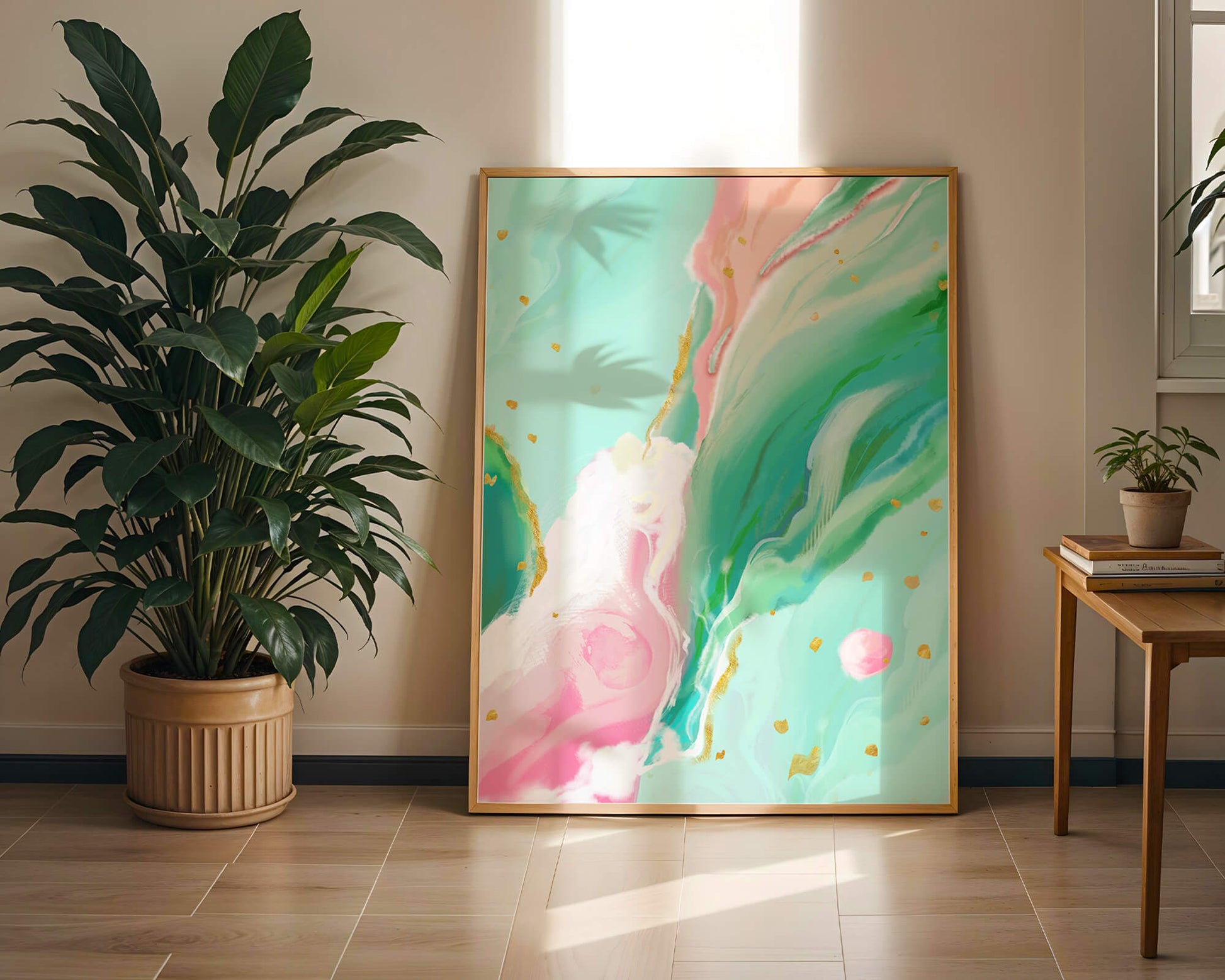 Obra de arte abstracta en pasteles y dorado con patrones fluidos