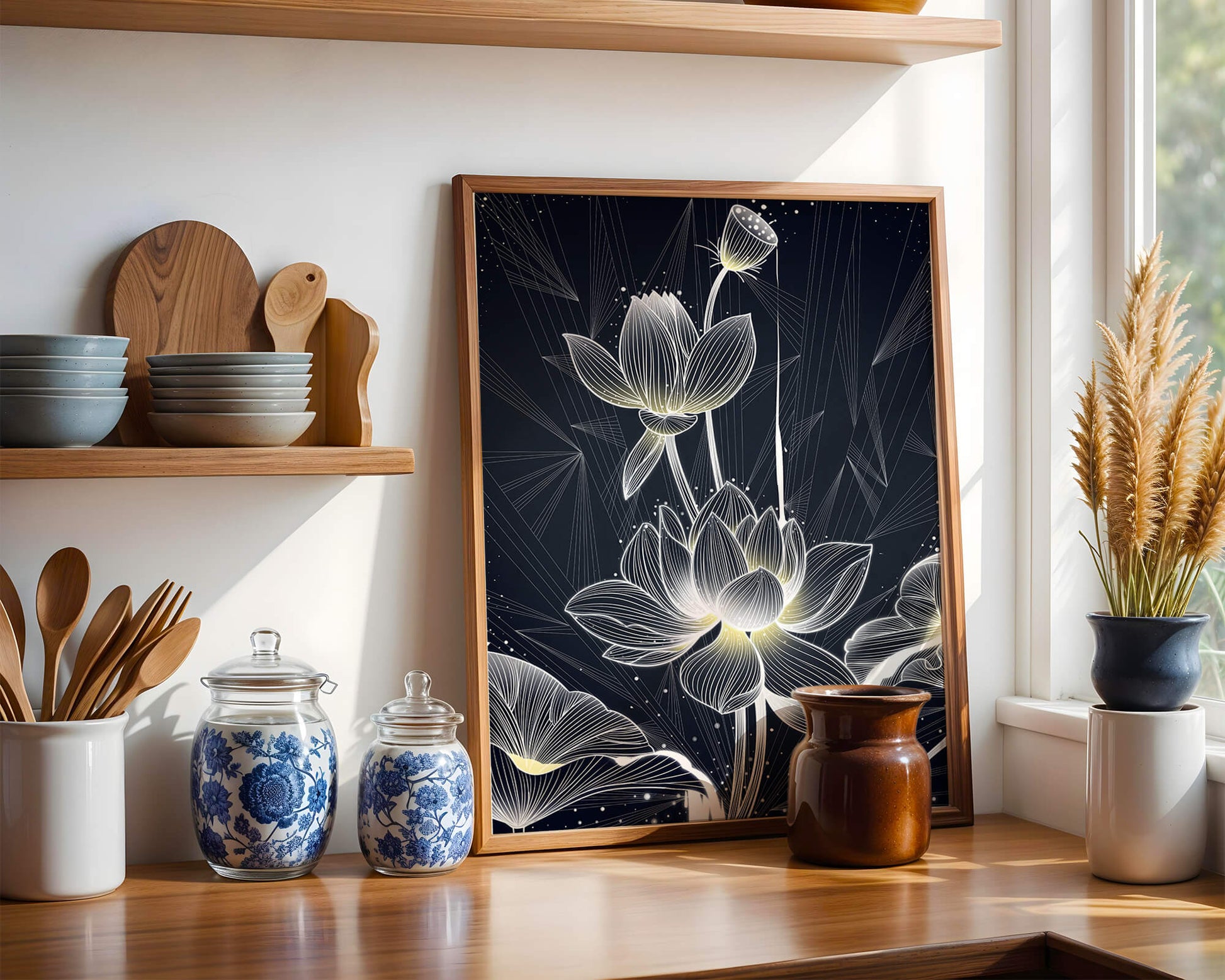 Elegant Lotus Flower Illustration with Geometric Background
