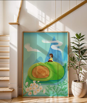 Serene Landscape with Child Sitting on Giant Leaf in Mountainous Fantasy Setting