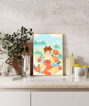 Traditional Asian Art with Woman in Hanfu Surrounded by Mountains and Peonies