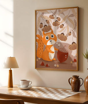Orange Squirrel with Acorn in Autumn Forest