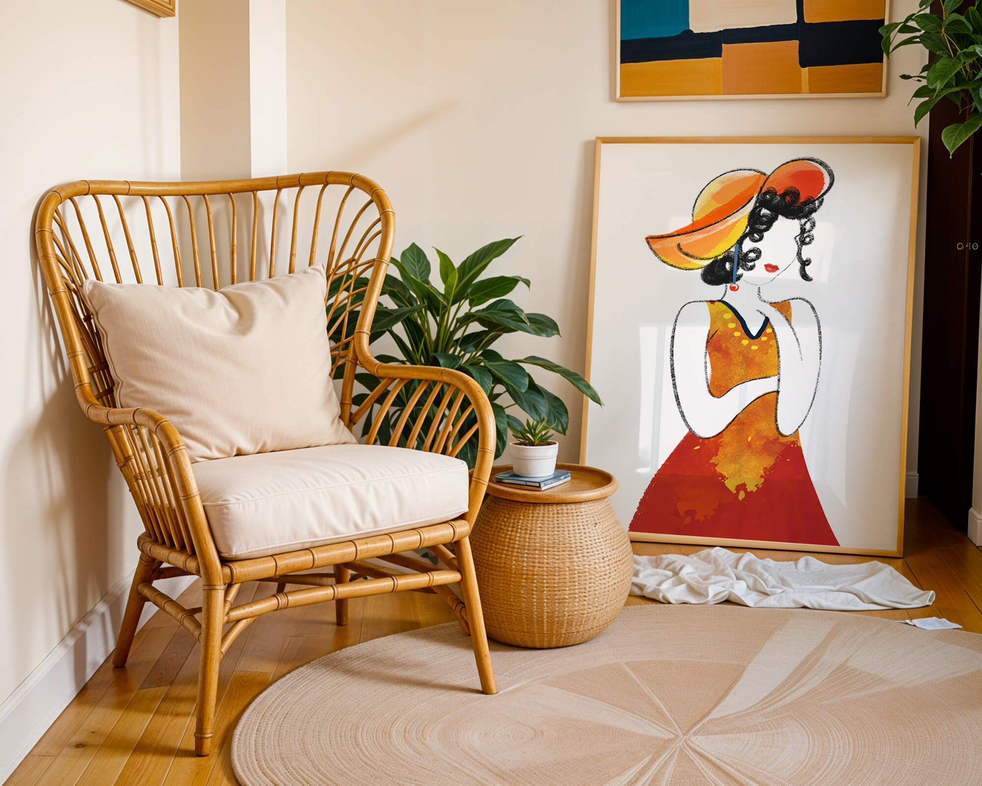 Elegant woman in a vibrant hat and dress illustration