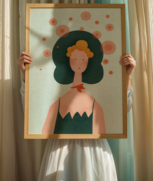 Whimsical Portrait of a Woman with Green Hair and Abstract Circles - Mi tienda