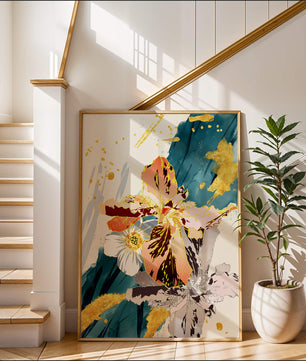 Obra de arte floral abstracta elegante con detalles dorados