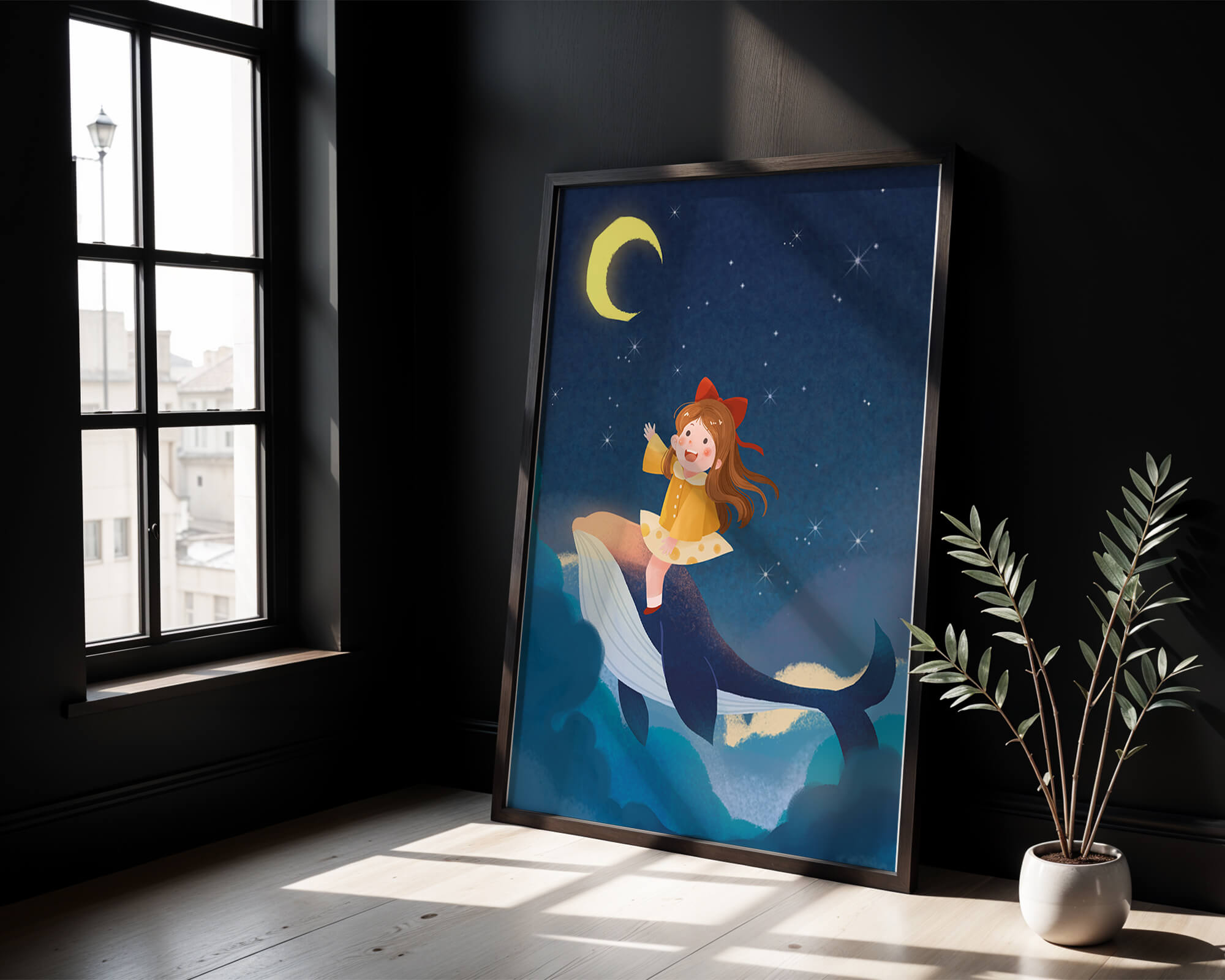 Girl on a whale under starry night sky