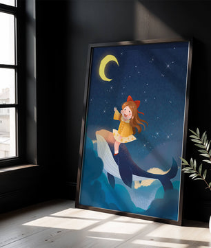 Girl on a whale under starry night sky