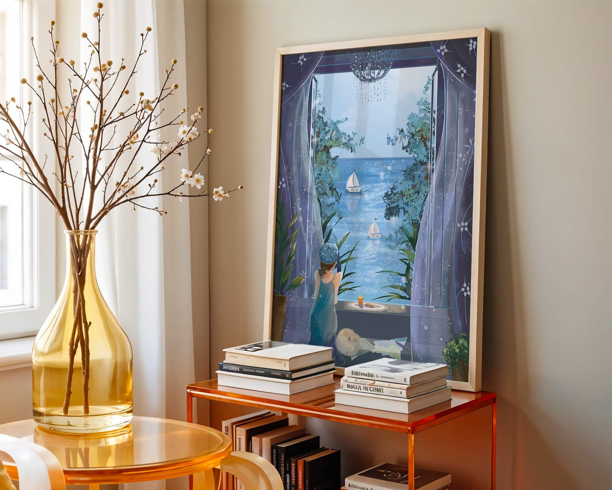 Peaceful Seaside View Through Open Window with Girl and Cat