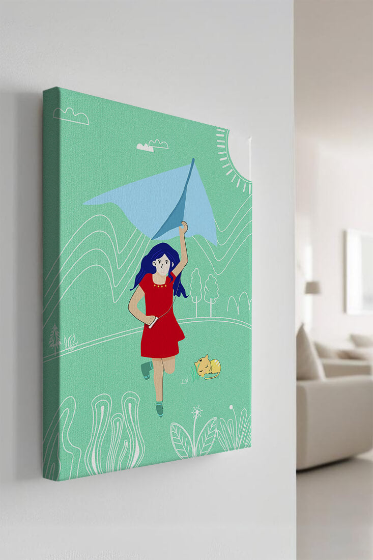 Illustration of a girl with a kite in a whimsical landscape