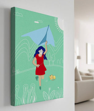 Illustration d'une fille avec un cerf-volant dans un paysage fantaisiste