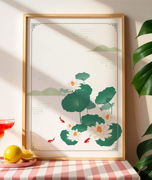Elegante Lotus- und Koi-Fisch-Illustration mit orientalischen Designelementen
