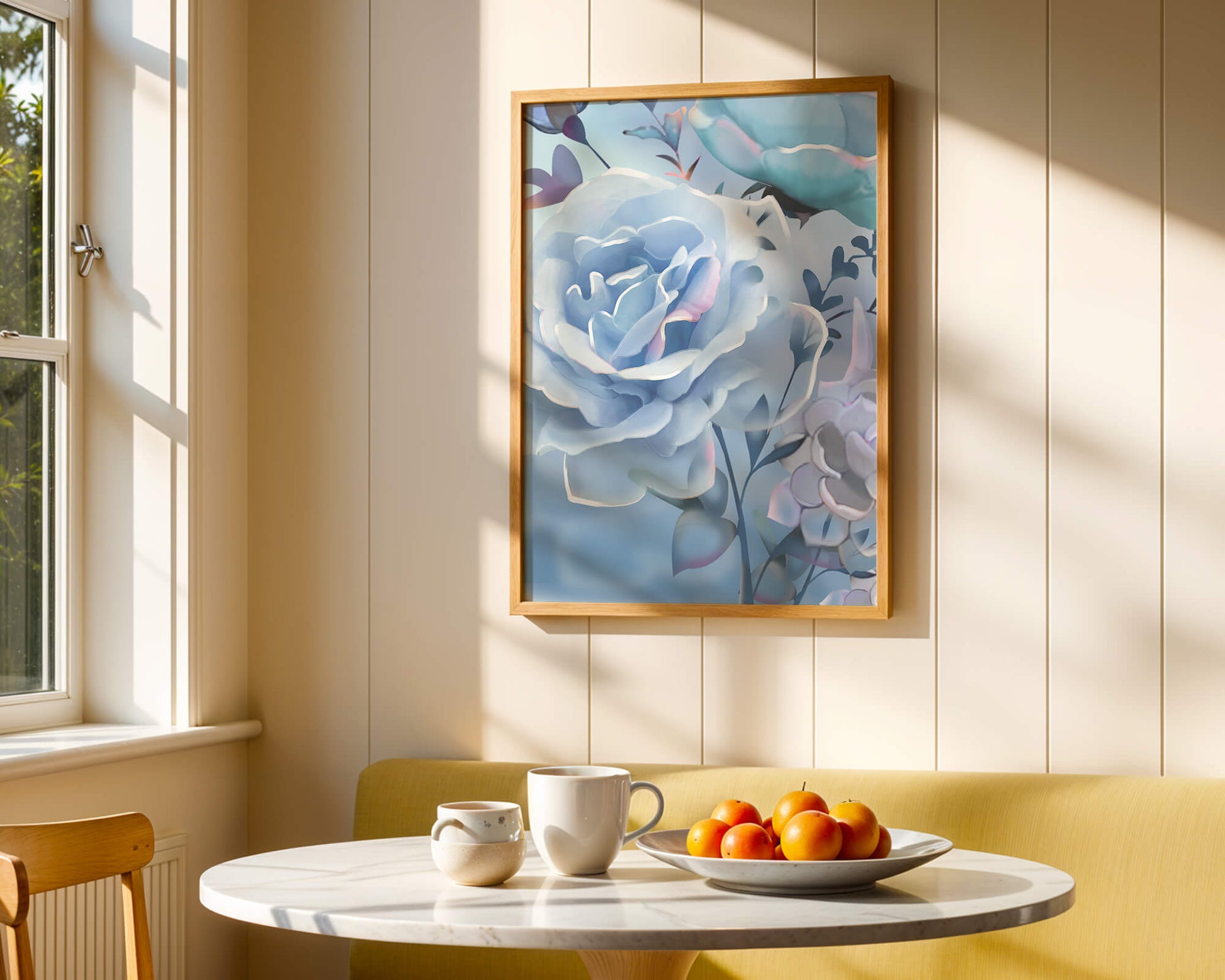 Rosas azules serenas con hojas delicadas sobre fondo suave