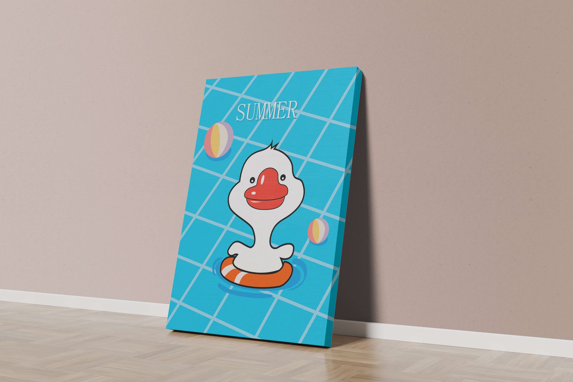 Cartoon duck swimming in a pool with summer beach elements