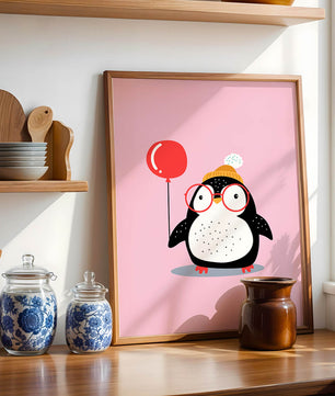 Ilustración adorable de un pingüino con globo y gafas