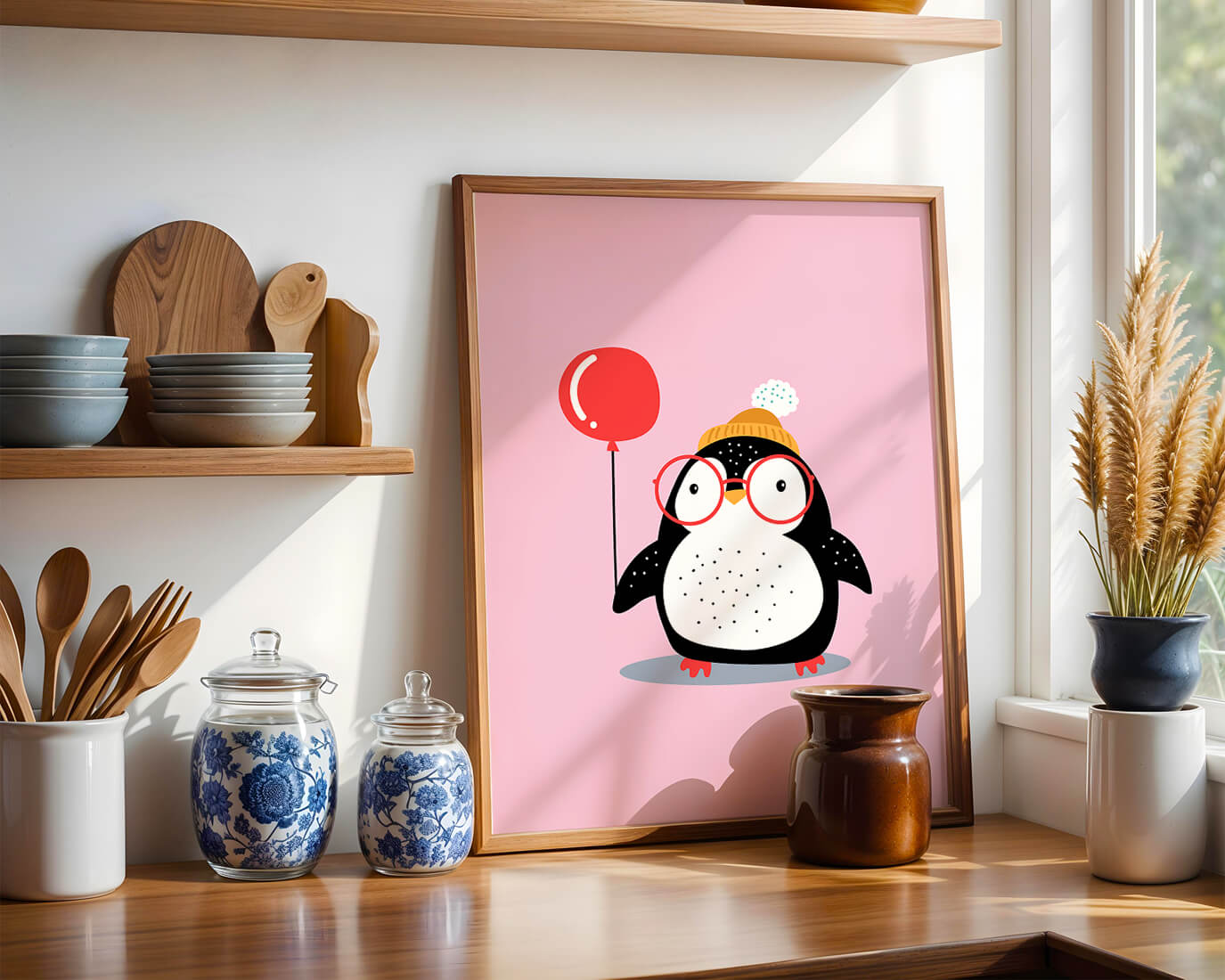 Adorable penguin with balloon and glasses illustration