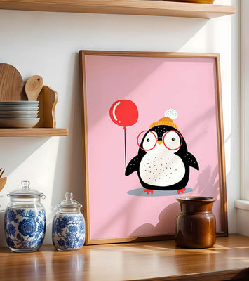 Adorable penguin with balloon and glasses illustration