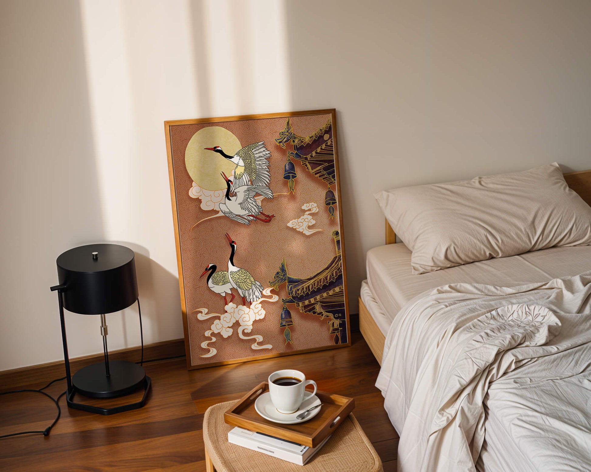 Oriental crane art with golden accents and architectural design