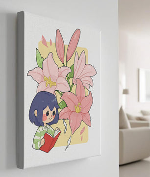 Illustration d'une fille lisant avec de grands lys roses en arrière-plan