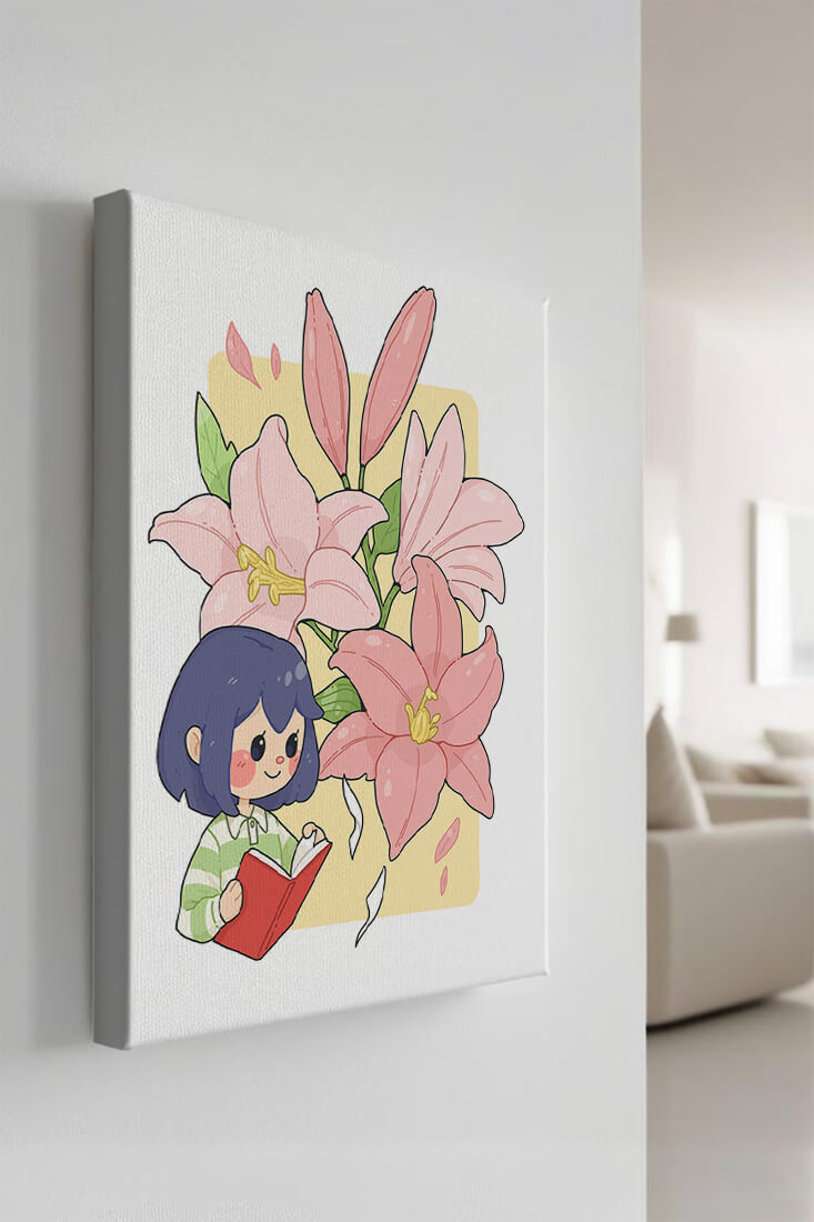 Illustration of a girl reading with large pink lilies in the background