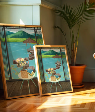 Scenic view from a room overlooking a tranquil water garden with stepping stones and mountains