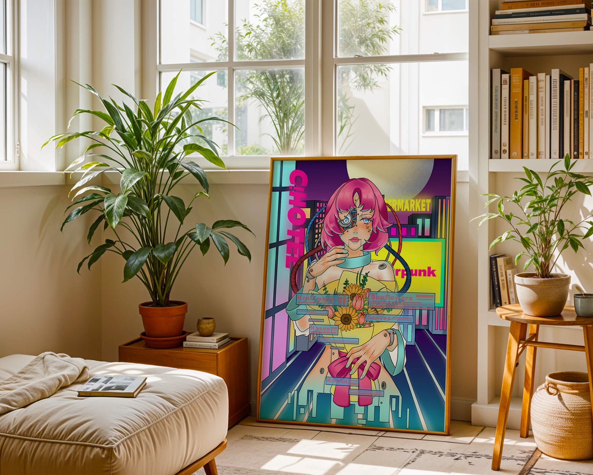 Futuristic cyberpunk woman with a bouquet of flowers in a neon cityscape