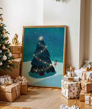 Winter scene with decorated Christmas tree and snowfall