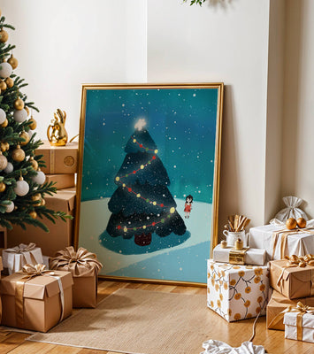 Winter scene with decorated Christmas tree and snowfall