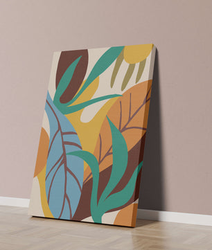 Abstract botanical design with colorful leaves and organic shapes