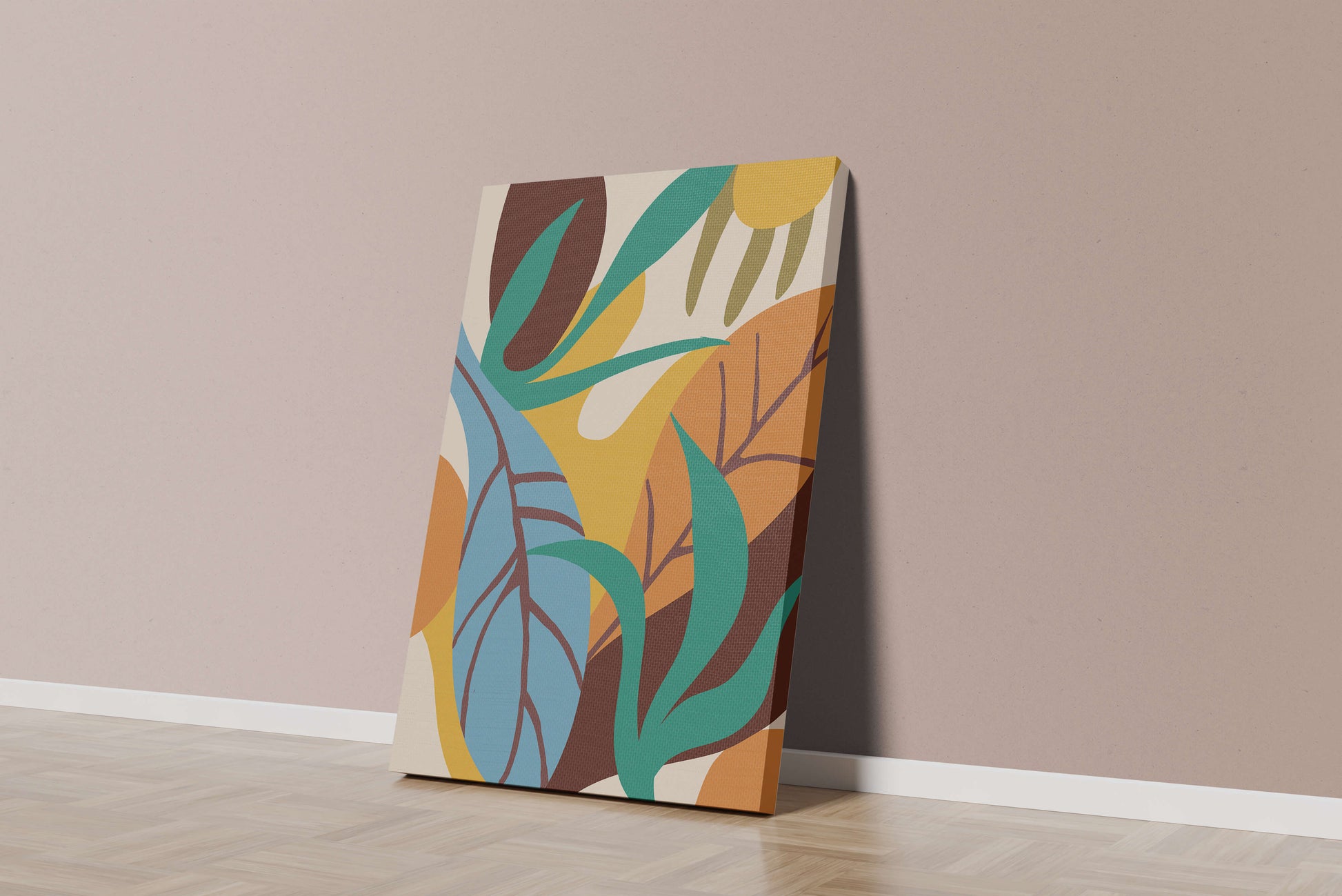 Abstract botanical design with colorful leaves and organic shapes