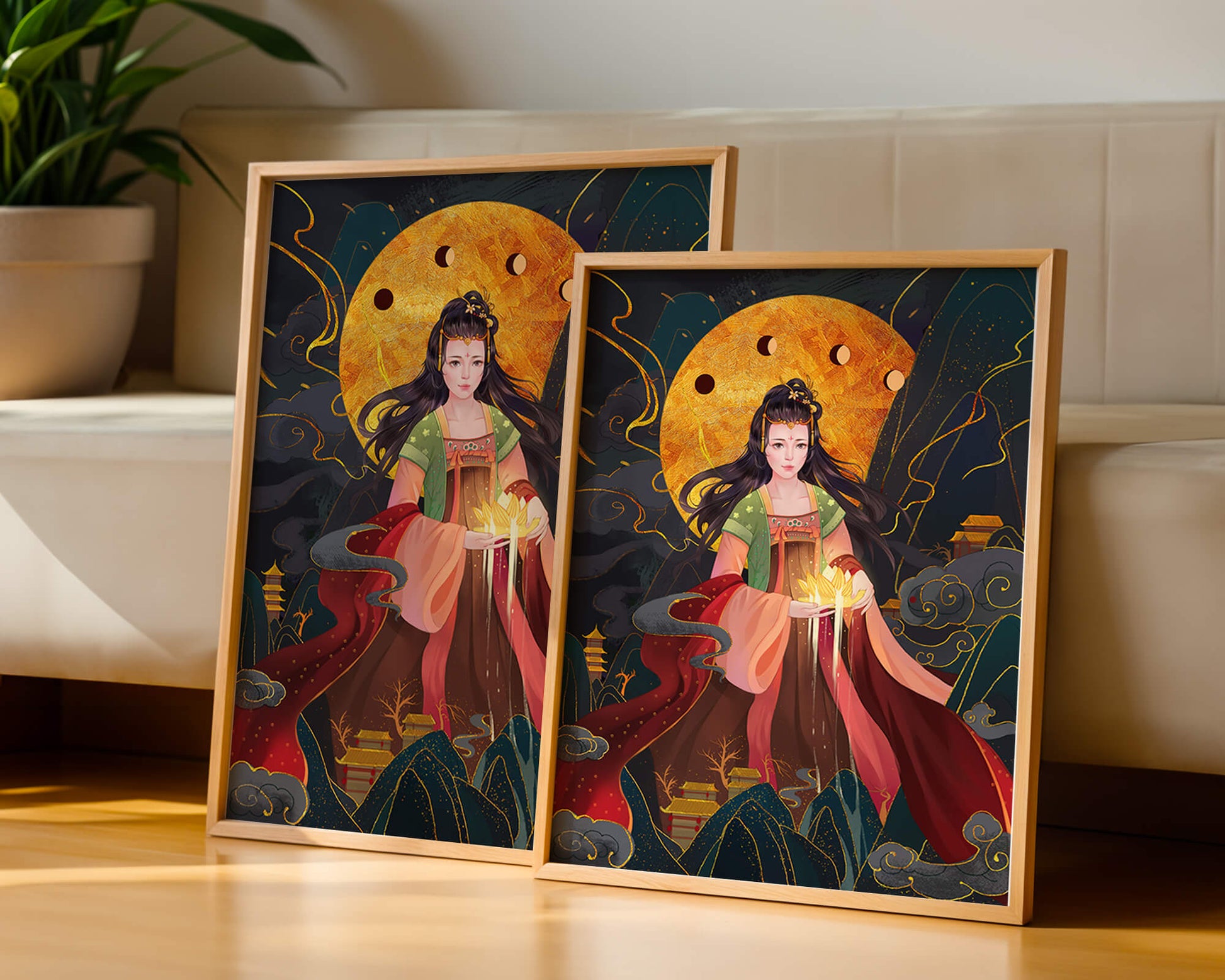 Elegante representación de una figura mítica con un fondo celestial dorado.