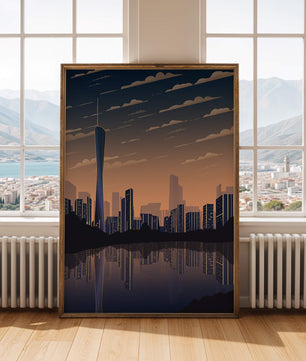 Skyline der Stadt bei Sonnenuntergang mit futuristischem Touch und Wasserspiegelung