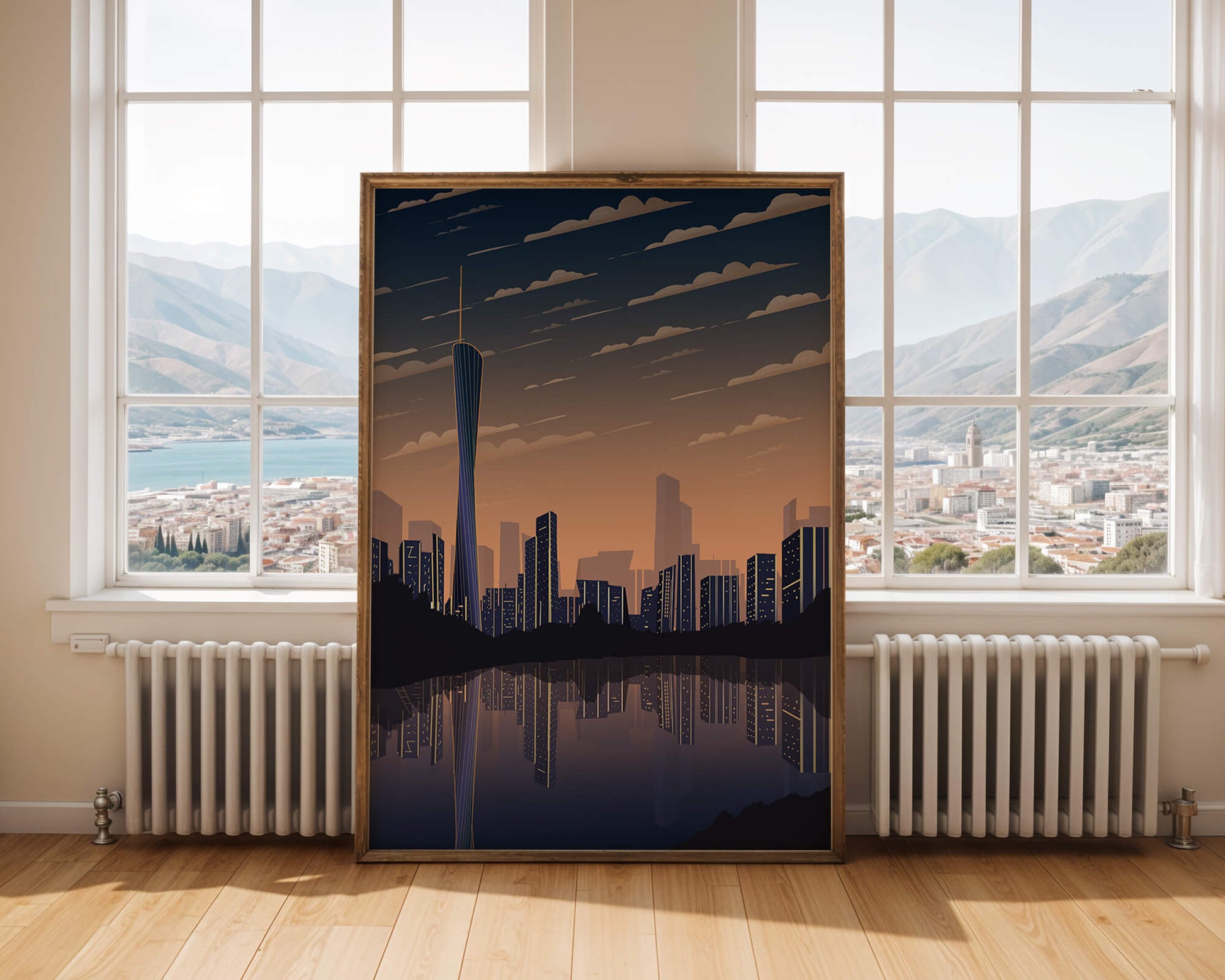Skyline der Stadt bei Sonnenuntergang mit futuristischem Touch und Wasserspiegelung