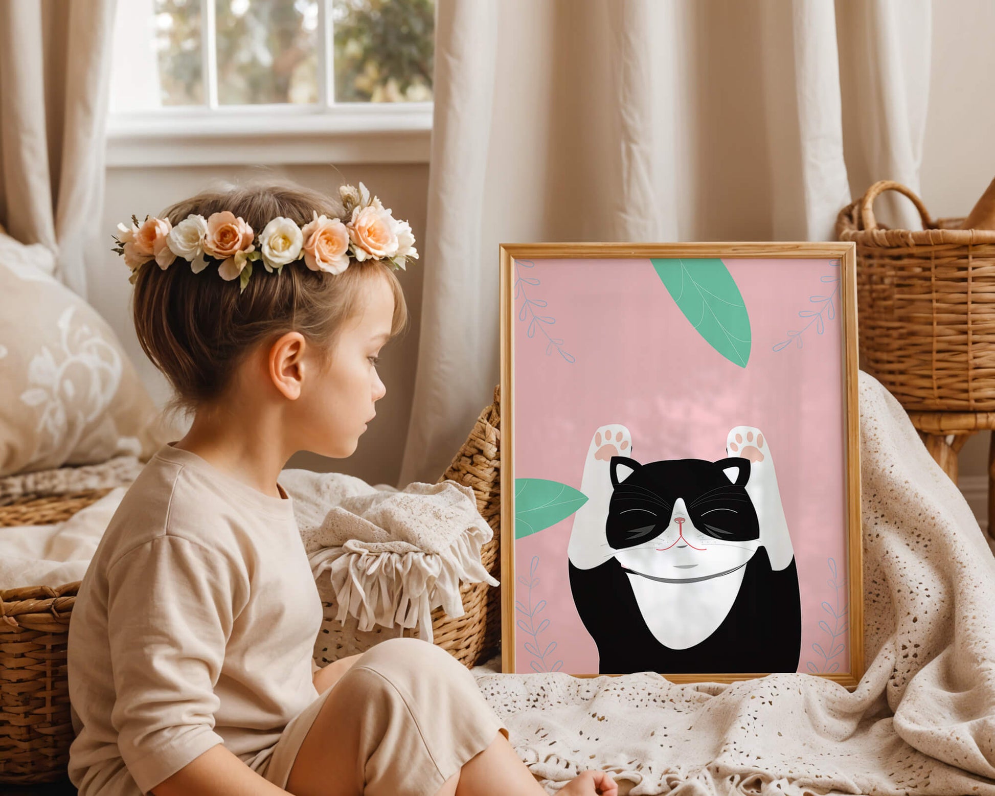 Illustrated cat on pink background with leaves