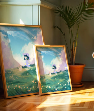 A Little Girl in a Purple Dress and Hat with a White Rabbit in a Flower Field Under a Blue Sky
