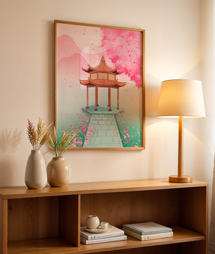 Traditioneller asiatischer Pavillon, umgeben von Kirschblüten