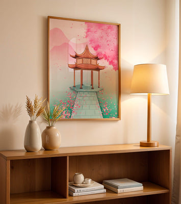 Traditional Asian gazebo surrounded by cherry blossoms