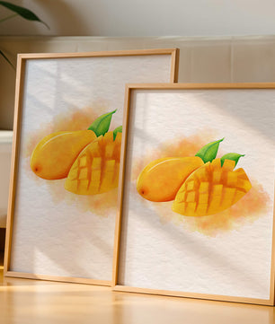 Watercolor depiction of a ripe mango with leaves on textured background