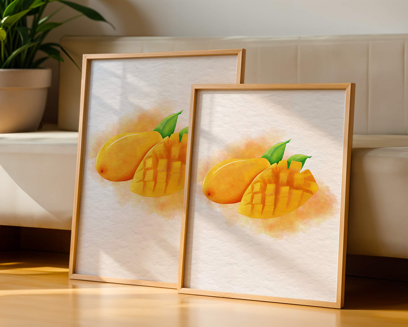 Watercolor depiction of a ripe mango with leaves on textured background