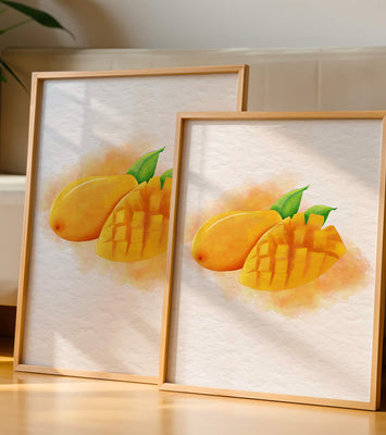 Watercolor depiction of a ripe mango with leaves on textured background