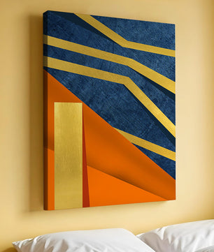 Composición geométrica abstracta con elementos dorados, azules y naranjas