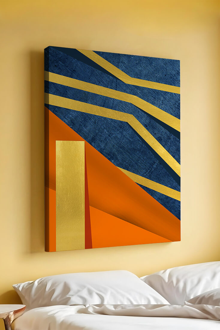 Composición geométrica abstracta con elementos dorados, azules y naranjas