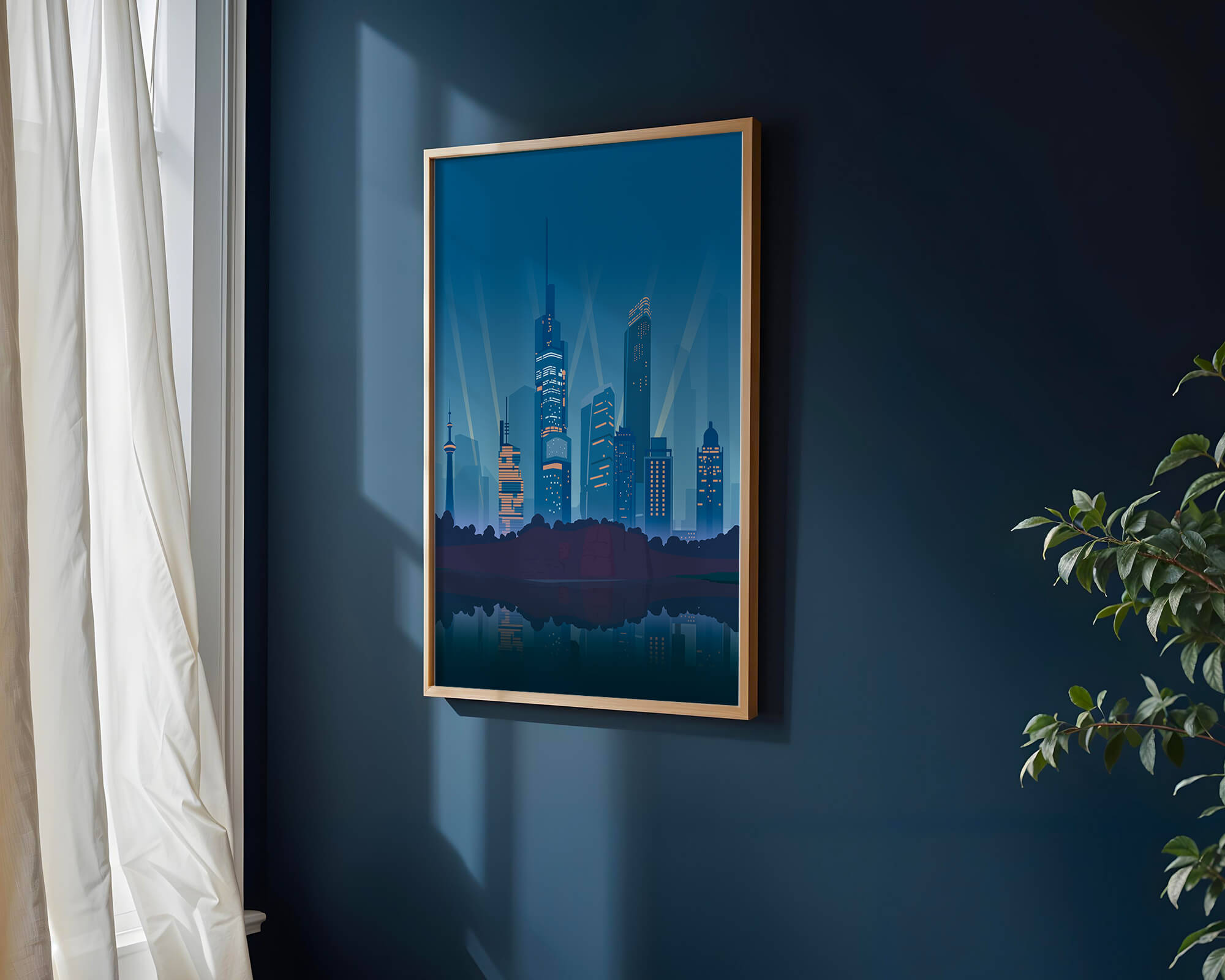 Modern cityscape with illuminated skyscrapers reflecting on water