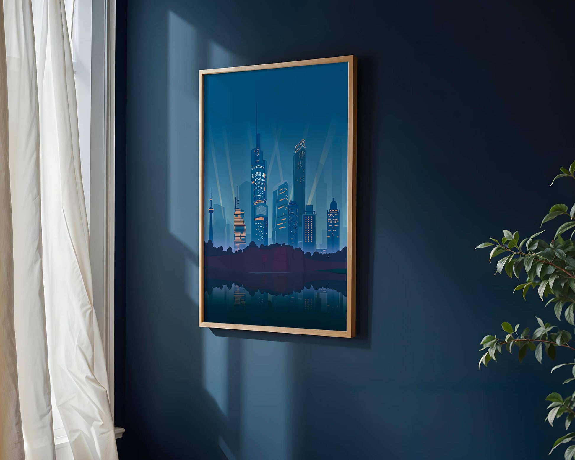Modern cityscape with illuminated skyscrapers reflecting on water