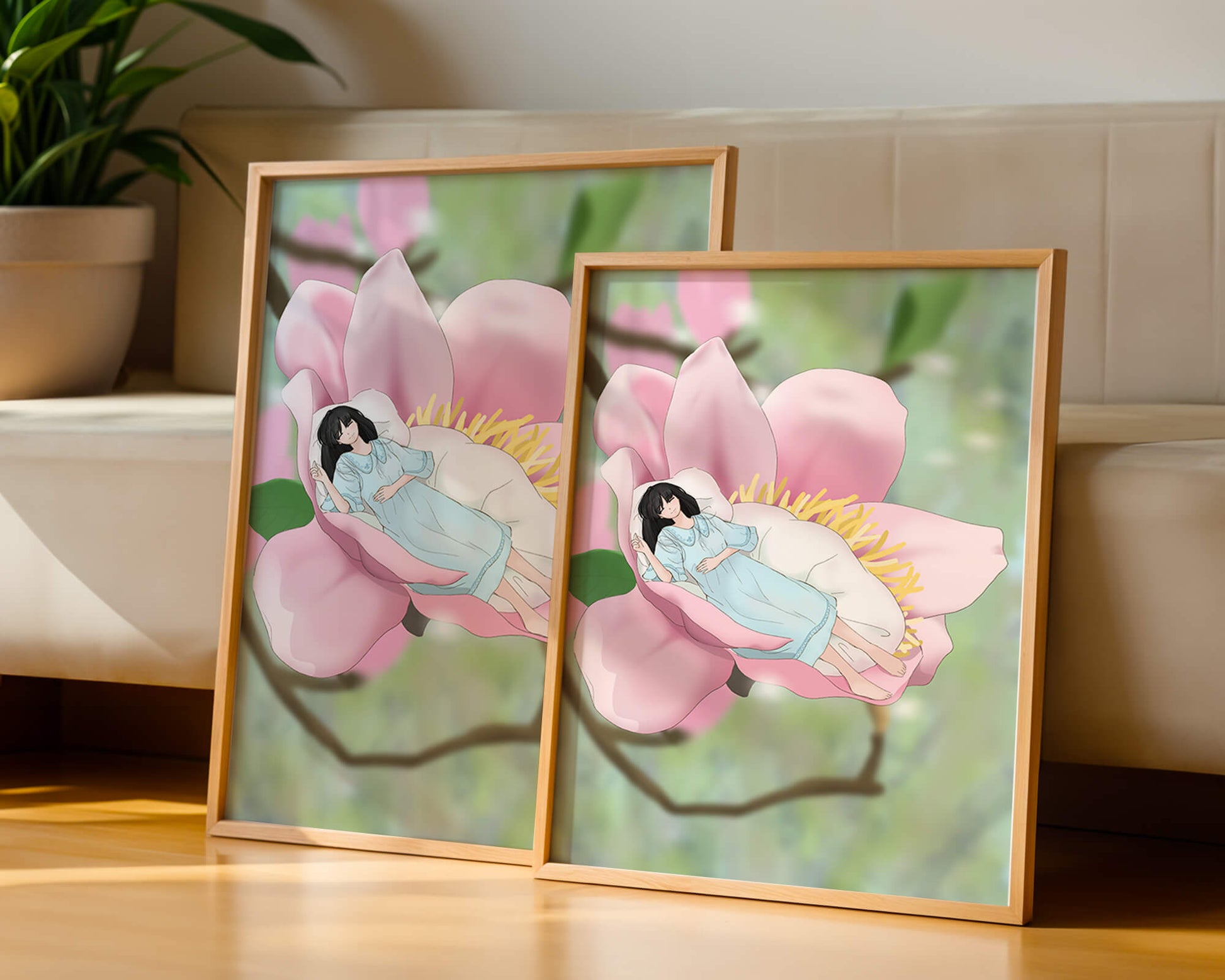 Dreamlike scene of a woman sleeping in a large pink flower