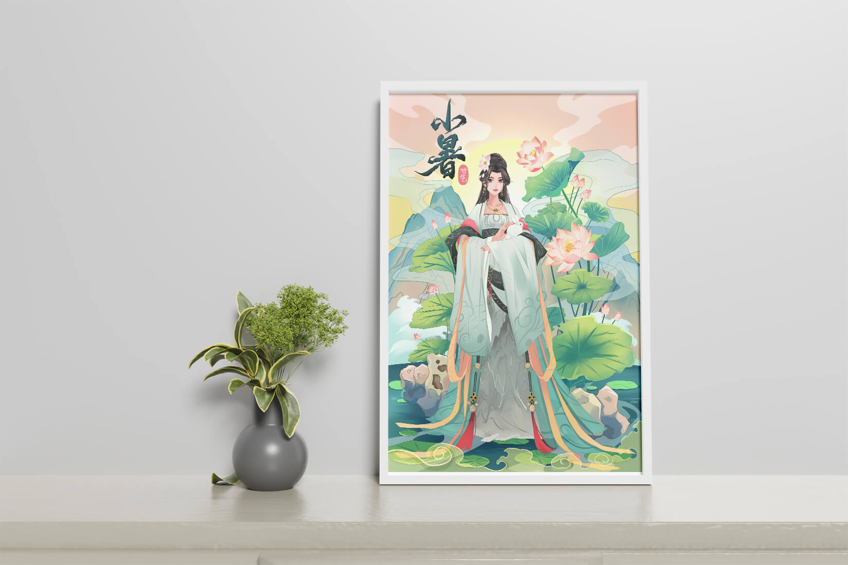 Elegant woman in traditional attire with lotus flowers and serene backdrop