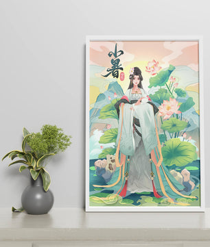 Elegant woman in traditional attire with lotus flowers and serene backdrop