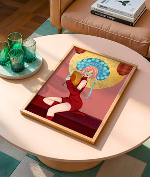 Elegante Illustration einer Frau in traditioneller Kleidung mit einem Fächer